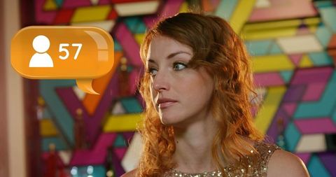 Thoughtful woman with social media notification icon technology concept