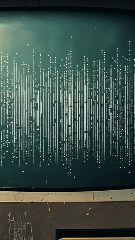 Vertical vintage CRT monitor displaying pulsing green data lines and blinking dots