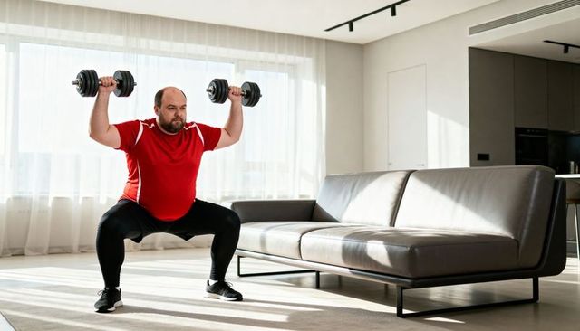 Middle-aged man squatting and lifting adjustable dumbbells in modern apartment living room