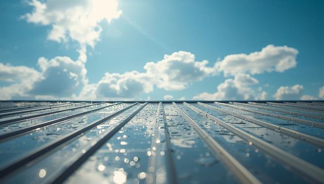 Sunlit Wet Metal Roof Panels with Sparkling Water Droplets