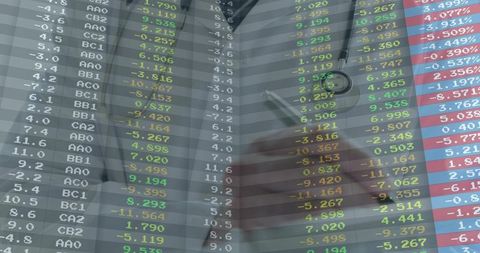 Mature trader monitoring stock market data through translucent ticker overlay in office