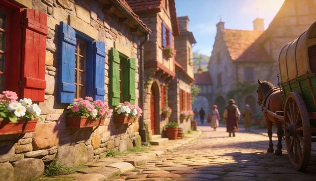 Sunlit medieval village street with colorful shutters, flower boxes and cobblestone lane