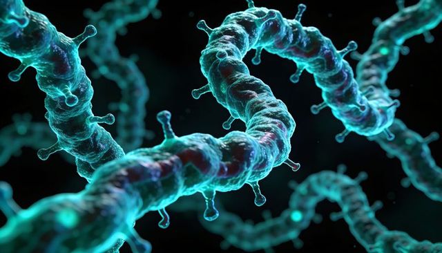 Glowing cyan helical filament with textured tubules and surface pegs, microscopic concept