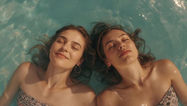 Floating friends relaxing in sunlit pool embracing summer calm and serene companionship