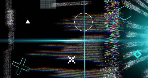 Cyan crosshair crossing horizontal light flare with rgb glitch streaks for futuristic tech