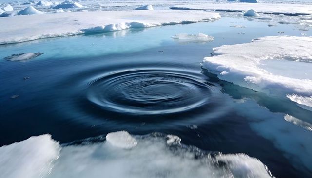Forming central concentric ripple in dark arctic water amid floating sea ice