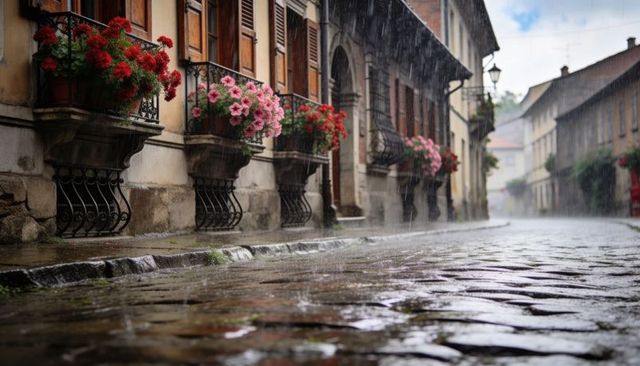 Glinting cobblestone alley in rain with flower-filled balconies and vintage ironwork
