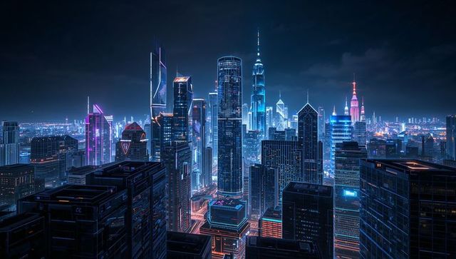 Futuristic neon metropolis skyline glowing at night from rooftop with light trails
