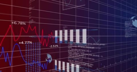 Futuristic financial dashboard displaying layered stock charts, red and blue trend lines