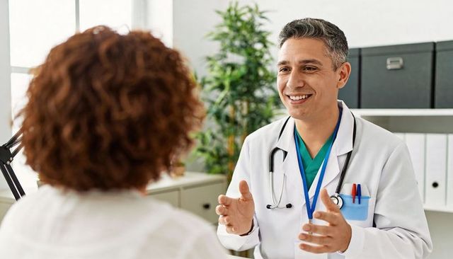 Smiling doctor consulting patient in medical office, friendly physician communicating care