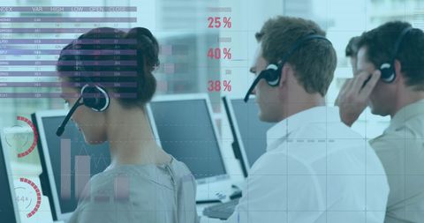 Professional Call Center Team with Digital Analytics Overlay in Modern Office