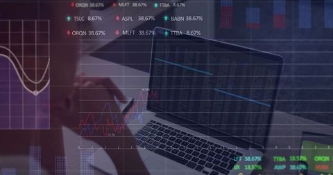 Woman Running Analytics on Laptop with Data Overlays in Office