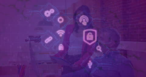Digital Security Icons Superimposed on Business Discussion