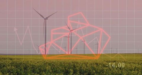 Wind Farm with Neon Wireframe Data Grid Over Canola Field Visualizing Energy Analytics