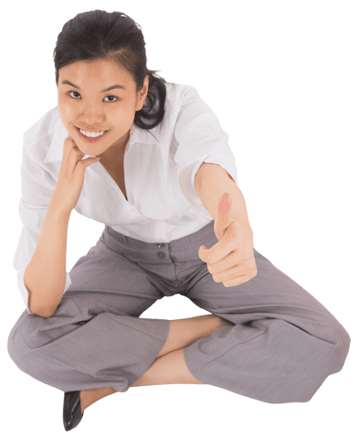 Transparent Businesswoman Sitting Cross-Legged Enthusiastic Thumbs Up
