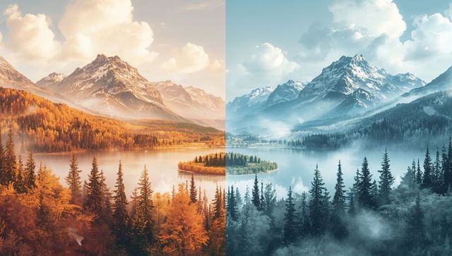 Contrasted views of snow-capped mountain reflection in alpine lake