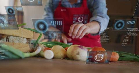 Chef Using Tablet with Holographic Interface Over Rustic Produce, Preparing Kitchen Tech