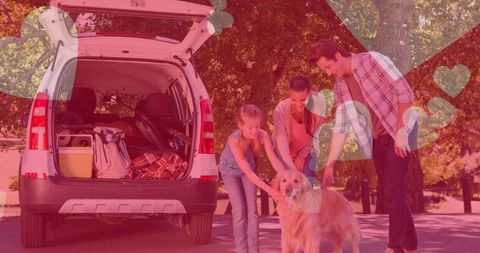 Family Bonding with Golden Retriever on Outdoor Adventure