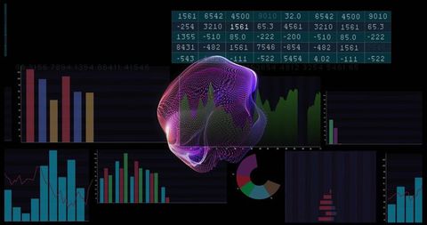 Neon 3D Wireframe Data Orb Pulsing Over Futuristic Analytics Dashboard