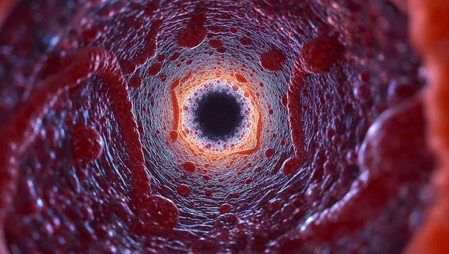 Luminous tubular lumen with drifting blood celllike particles, microscopic vascular concept