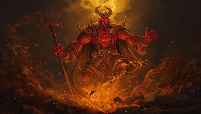 Fiery red-skinned demon emerging from hellish flames
