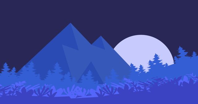 Vector illustration features minimalist blue mountain landscape with full moon rising over pine forest, ideal for digital backgrounds, posters, travel brochures, nature-themed designs, and wall art.