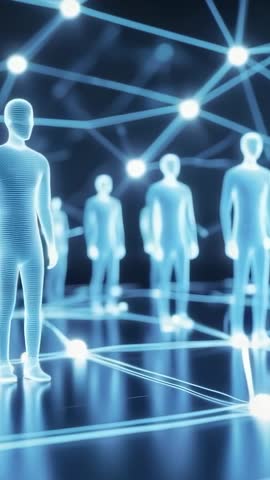 Panning Wireframe Humans on Neon Grid Connecting Network Nodes Vertical Tech Video