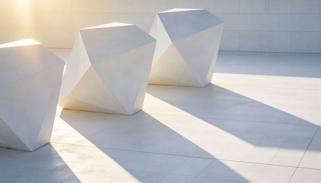 Casting Long Geometric Shadows Over White Faceted Sculptures on Minimalist Tiled Plaza