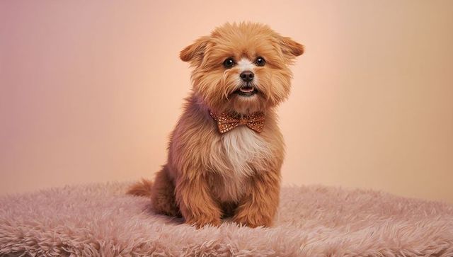 Fluffy brown dog sitting wearing sparkly copper bow tie on plush blush rug backdrop
