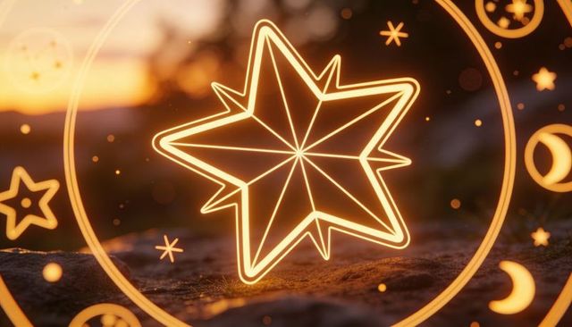 Glowing faceted neon star casting warm halo on rock at twilight with crescent ornaments
