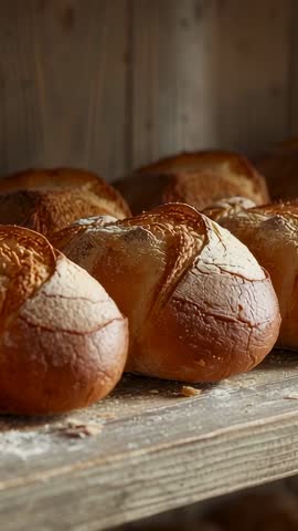 Vertical pan across artisanal bread loaves on rustic wooden shelf revealing flour-dusted crust