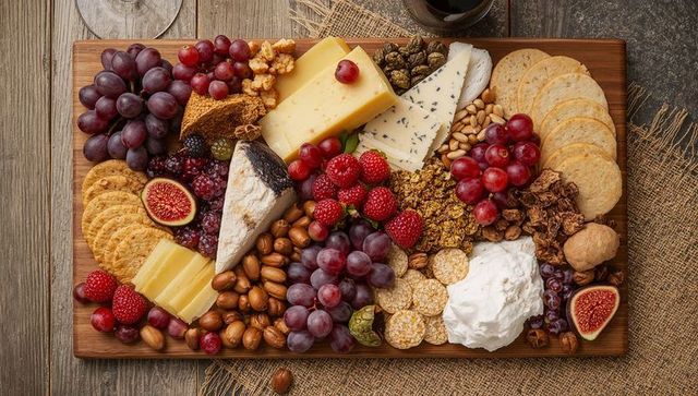 Rustic artisan charcuterie board with cheeses, grapes, figs and crackers for entertaining