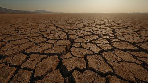 Cracked earth in dried lake basin during warm sunset