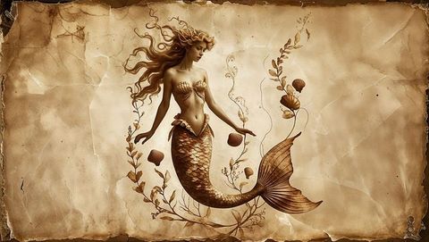 Sepia-toned mermaid illustration on vintage parchment