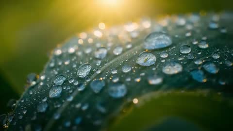 Morning Dew Droplets Glinting on Curved Green Leaf with Golden Backlight Loop