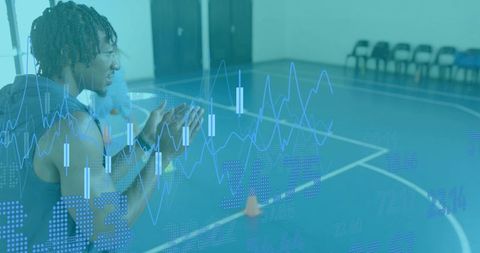 Basketball athlete clapping during drill with performance analytics overlay