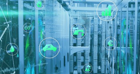 Futuristic Server Room with Icon Interface Overlay - Download Free Stock Images Pikwizard.com