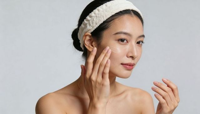 Applying moisturizer on dewy skin asian woman wearing terry headband bare shoulders