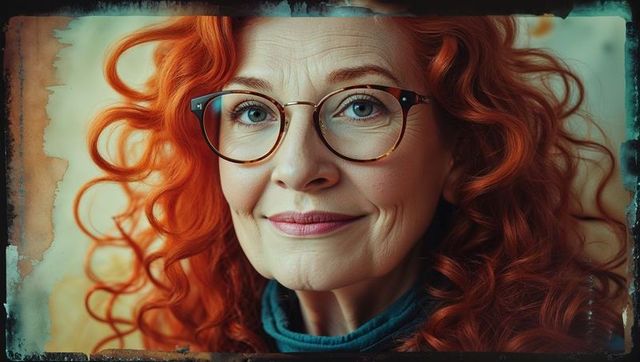 Elegant senior woman with red curly hair wearing glasses