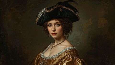 Woman in vintage tricorne hat and gold silk gown with regal look