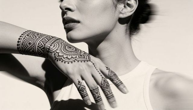 Asian woman showing elegant henna mehndi on forearm and fingers in high-contrast monochrome