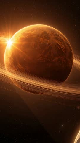 Vertical Orbiting Shot of Ringed Planet with Glowing Star and Approaching Second Planet