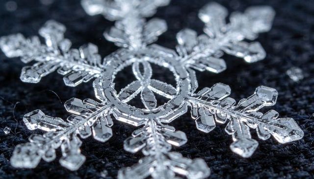 Macro hexagonal snowflake on dark knit fabric revealing crystal symmetry, texture and bokeh
