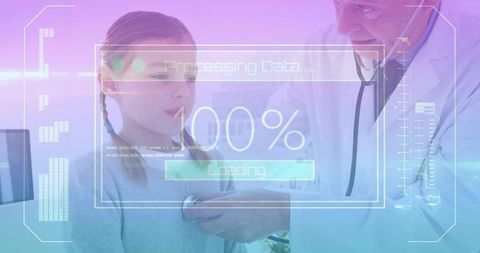 Pediatric doctor listening to child chest with stethoscope, hud data overlay telemedicine