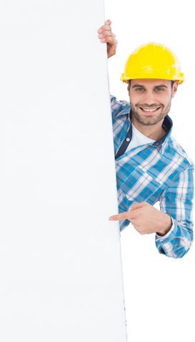 smiling worker with hard hat pointing at transparent blank board - Download Free Stock Videos Pikwizard.com