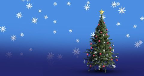 Christmas Tree Under Falling Snowflakes on Blue Background