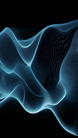 Vertical video of flowing blue 3D point mesh animating across black void for cyber design