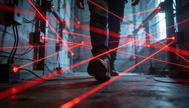 Booted feet navigating red laser security grid in industrial warehouse corridor, low-angle