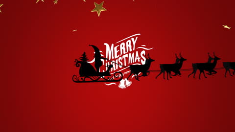 Festive Animation of Santa with Sleigh and Reindeers on Red Background