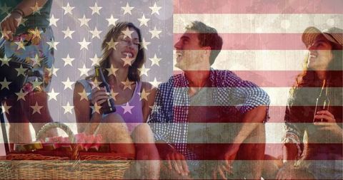 Friends Socializing Outdoors with American Flag Overlay